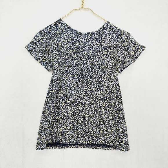 Loft Navy Blue & Yellow Floral Short Sleeve Ruffle Summer Blouse P2842 - Picture 1 of 7